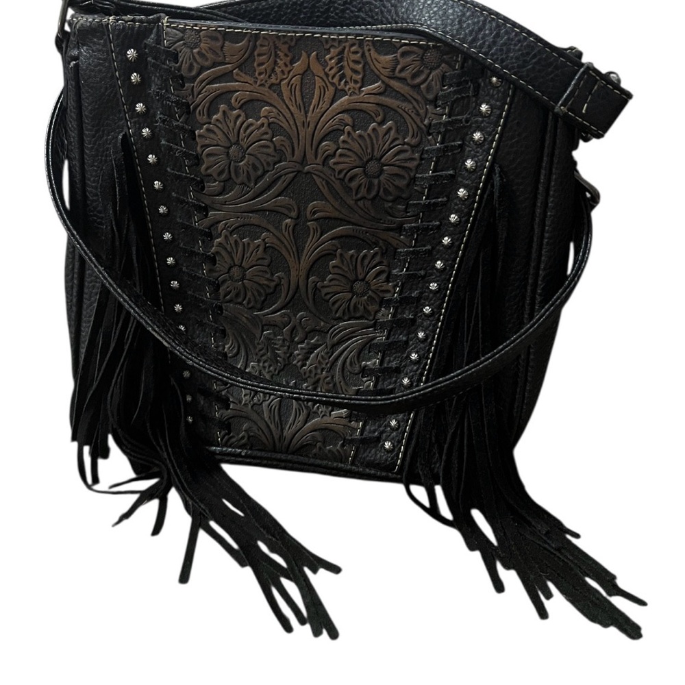 Trinity Ranch by Montana West Tooled Leather Fringe Crossbody - Black